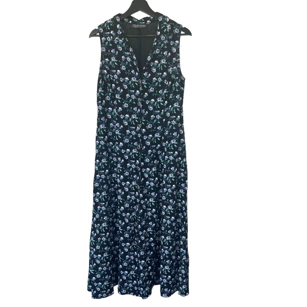 Vintage 90s All That Jazz Black Purple Floral Sleeveless Button Up Full Length D